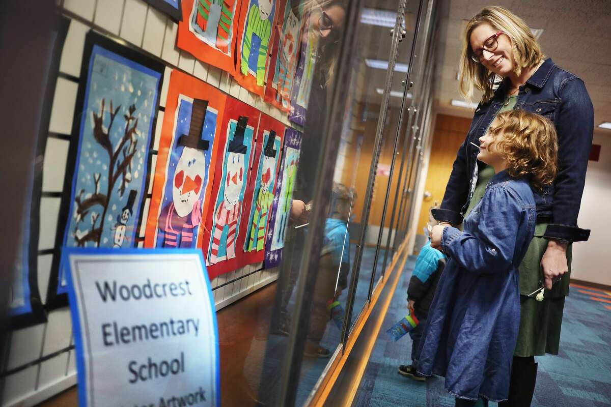 Woodcrest Elementary art display at Grace A. Dow Memorial Library Jan