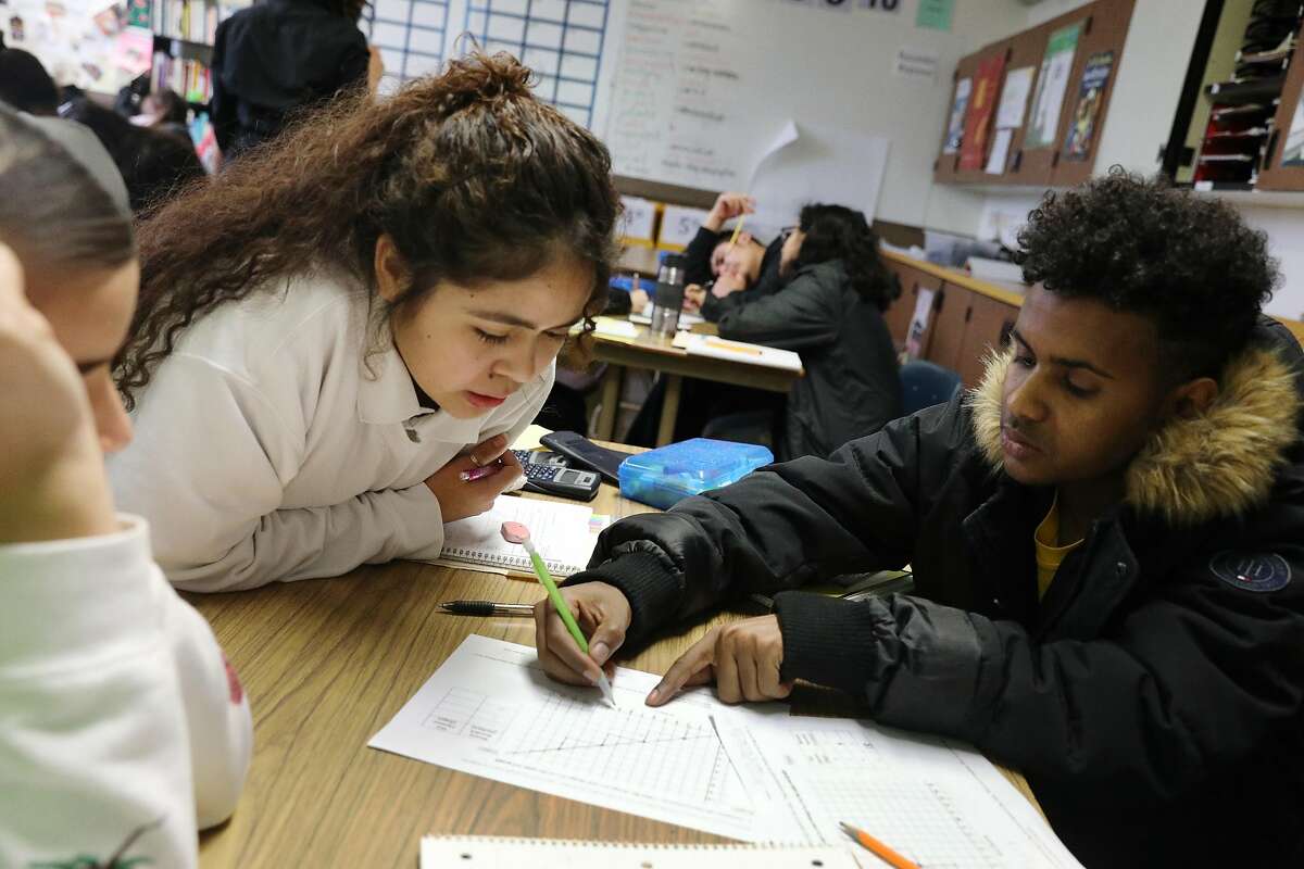 Mission High School juniors Xenia Mendez (l to r), Marlin Astrid Navidad and Ali Ibraham work in a group on a class assignment on inverse functions during Dayna Soares' Algebra II class at Mission High School on Tuesday, January 8, 2019 in San Francisco, Calif.