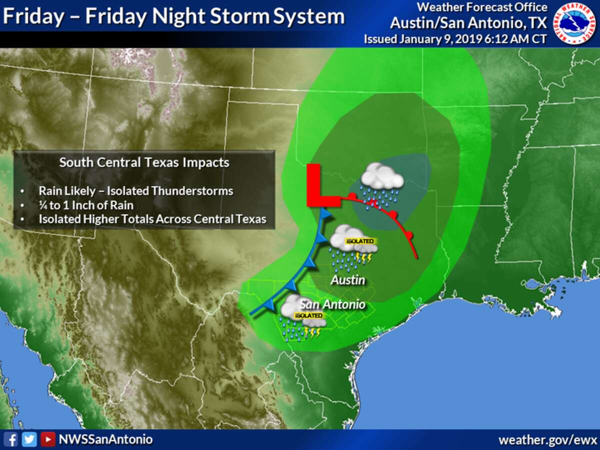 The National Weather Service is predicting rainfall Friday followed by a cold front. The San Antonio area is not expected to see more than 1 inch.
