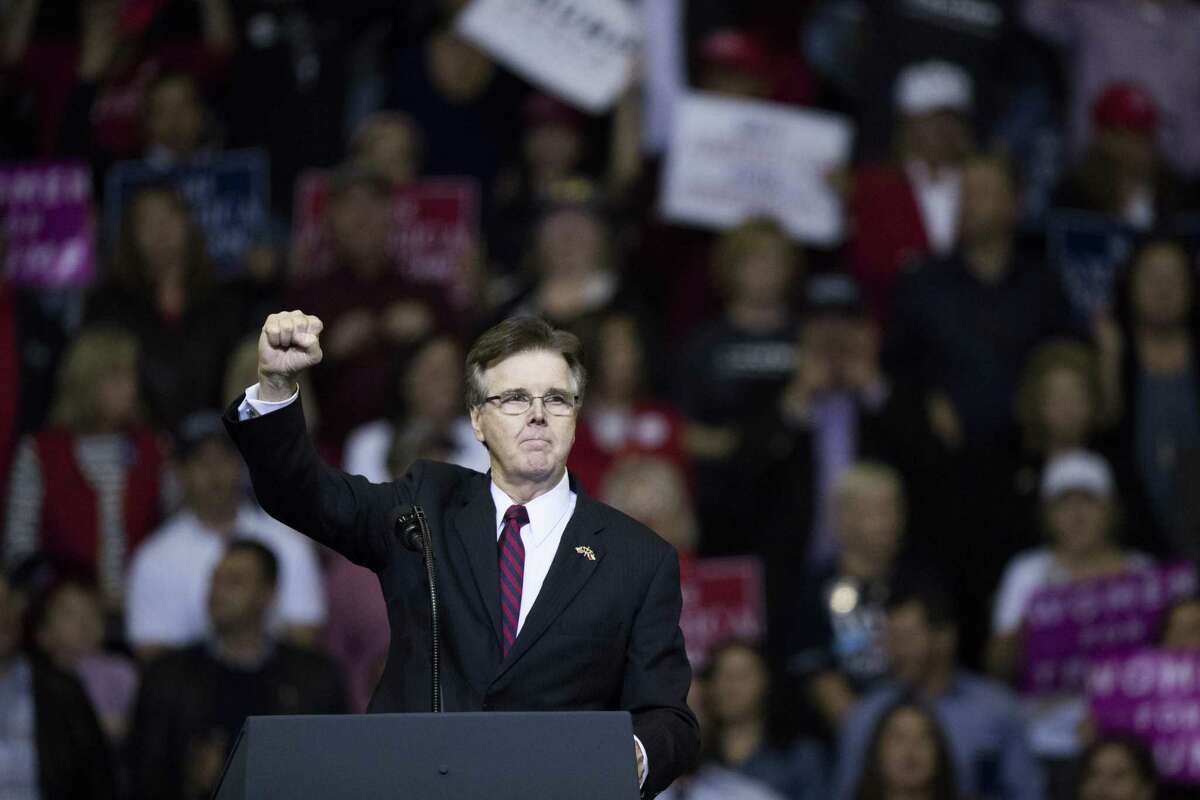 Lieutenant Governor Dan Patrick talks to the crowd during a MAGA Rally, Monday, Oct. 22, 2018, in Houston.