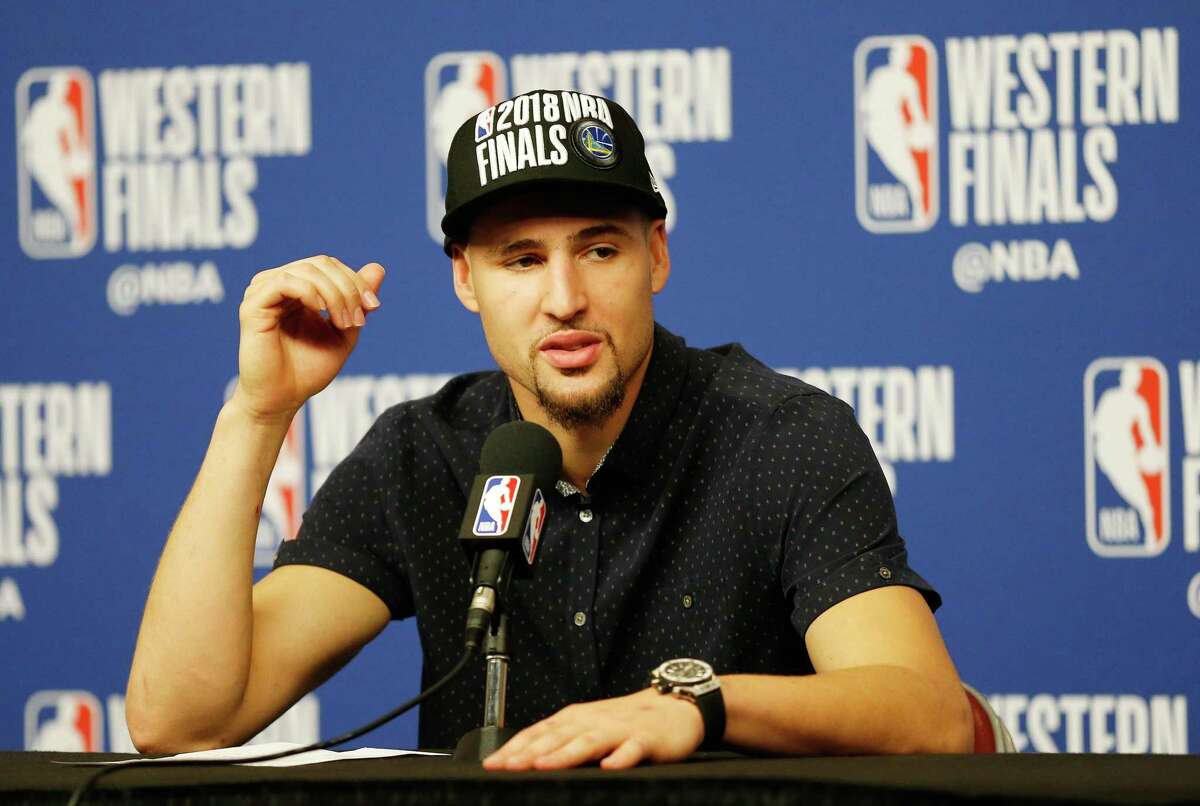 Klay Thompson of the Golden State Warriors speaks to the media after a 101-92 win over the Houston Rockets in Game 7 of the Western Conference Finals of the 2018 NBA Playoffs.