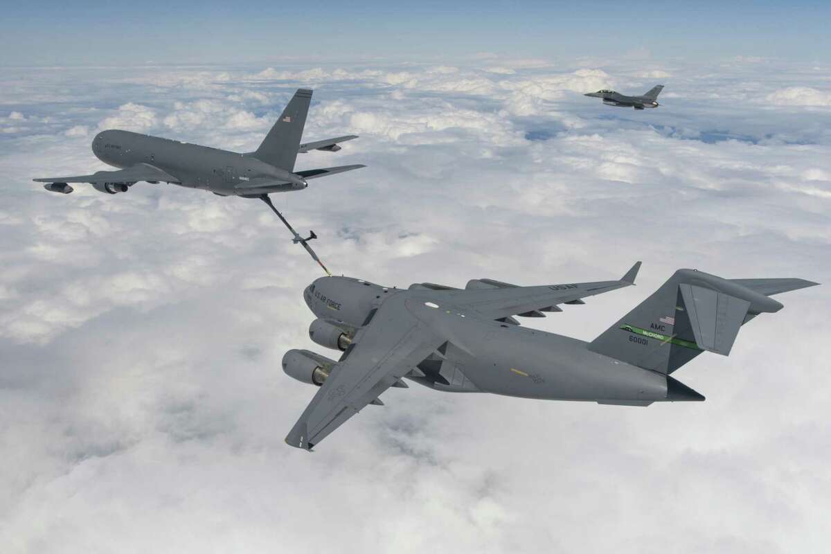 A Boeing’s KC-46 tanker conducts a refueling test in July 2016 with a C-17 Globemaster III aircraft. (Photo courtesy Boeing)