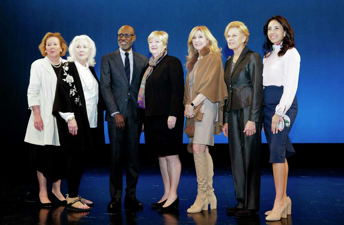Texas Cultural Trust board members pose for a photo after the announcement of the 2019 Texas Medal of Arts honorees at the Houston Ballet on Thursday, Jan. 10, 2019. Members include Alexis Hunter, from left, Sharon Oeschger, Greg Davis, Leslie Blanton, Linda LaMantia, Pam Eilleford and Heidi Marquez Smith