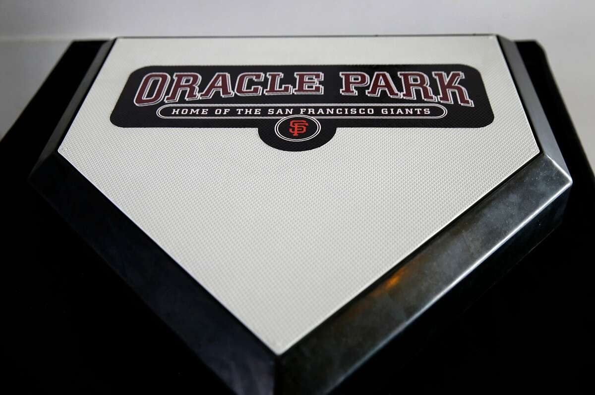 A home plate is emblazoned with the new name of the Giants’ ballpark after the team announced at a news conference the name change to Oracle Park in San Francisco, Calif. on Thursday, Jan. 10, 2019, ending a longterm relationship with AT&T.
