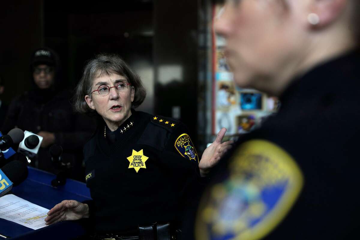 Chief Anne Kirkpatrick speaks to the press as the Oakland police department announced the seizure of about 4 dozen weapons through a joint operation with federal law enforcement agencies - the Bureau of Alcohol, Tobacco, and Firearms, and Drug Enforcement Administration - at the Oakland Police Department headquarters in Oakland, Calif., on Thursday, January 10, 2019.
