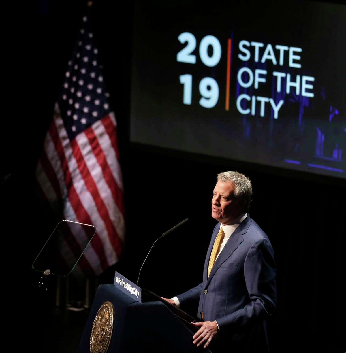 New York City Mayor Bill de Blasio speaks at his State of the City address in New York, Thursday, Jan. 10, 2019. De Blasio said he would create a city-managed retirement fund for workers who lack access to employer-sponsored funds as well as a new Office to Protect Tenants. (AP Photo/Seth Wenig)