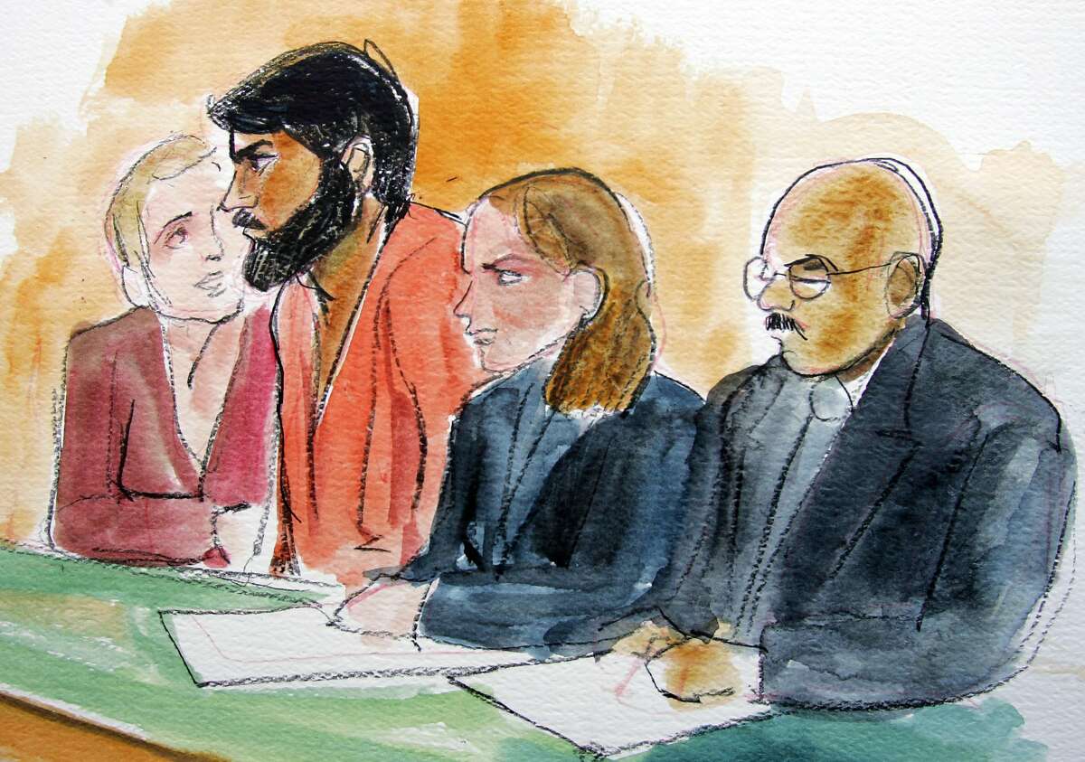 Artist drawing of terror suspect Hamid Hayat, second from left, sits with with unidentified translator, far left, attorney Wazhma Mojaddidi, second from right, and attorney Johnny Griffin, right, in a federal court in Sacramento, Calif., Friday, June 10, 2005. The 22-year-old was arrested this week as part of a terror investigation in Lodi, Calif. (AP Photo/Joan Lynch) Suspect Hamid Hayat (second from left) sits with an unidentified translator (far left), attorney Wazhma Mojaddidi (second from right) and attorney Johnny Griffin (right).