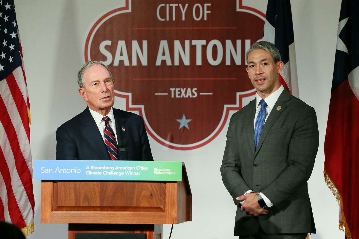 United Nations Special Envoy for Climate Action and former New York City Mayor Michael Bloomberg (left) answers questions Jan. 11 from the audience beside San Antonio Mayor Ron Nirenberg during a press conference announcing up to $2.5 million to support a local climate adaptation set for City Council adoption.