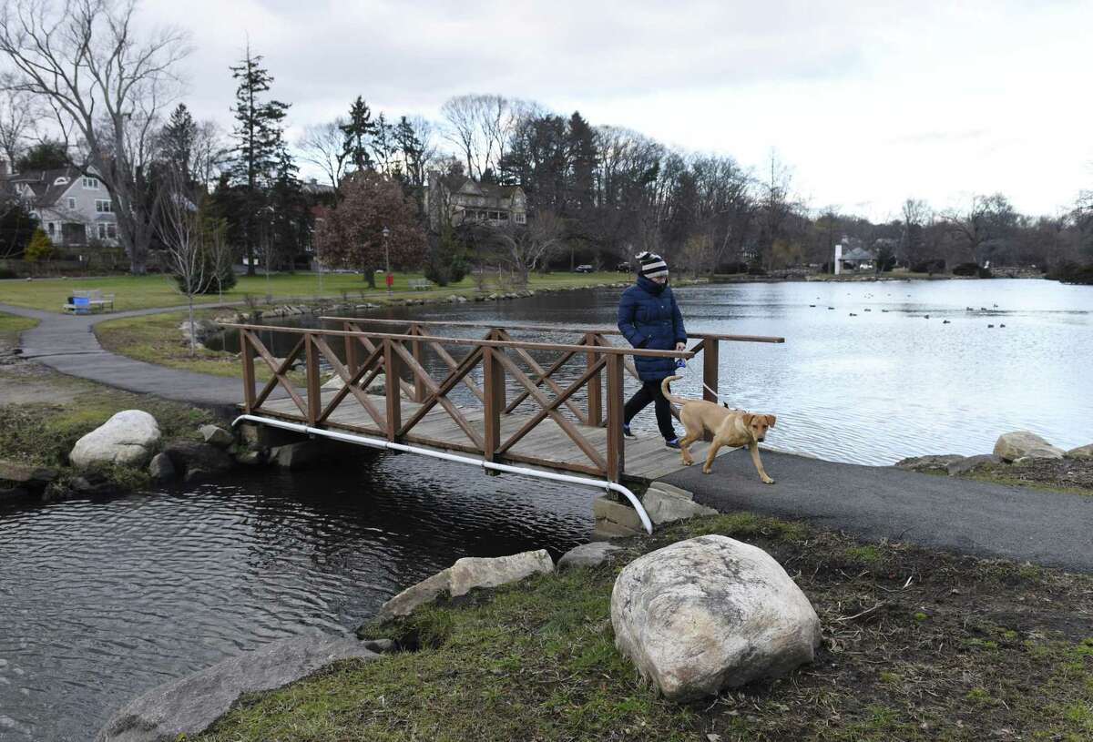Old Greenwich resident Meghan Schnelle and her dog Kiwi walk through Binney Park in Old Greenwich, Conn. on Wednesday, Jan. 9, 2019.