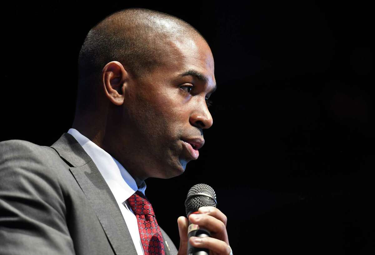 Rep. Antonio Delgado addresses the crowd during his swearing-in celebration Saturday, Jan. 12, 2019 at Hudson Hall in Hudson, N.Y. (Phoebe Sheehan/Times Union)