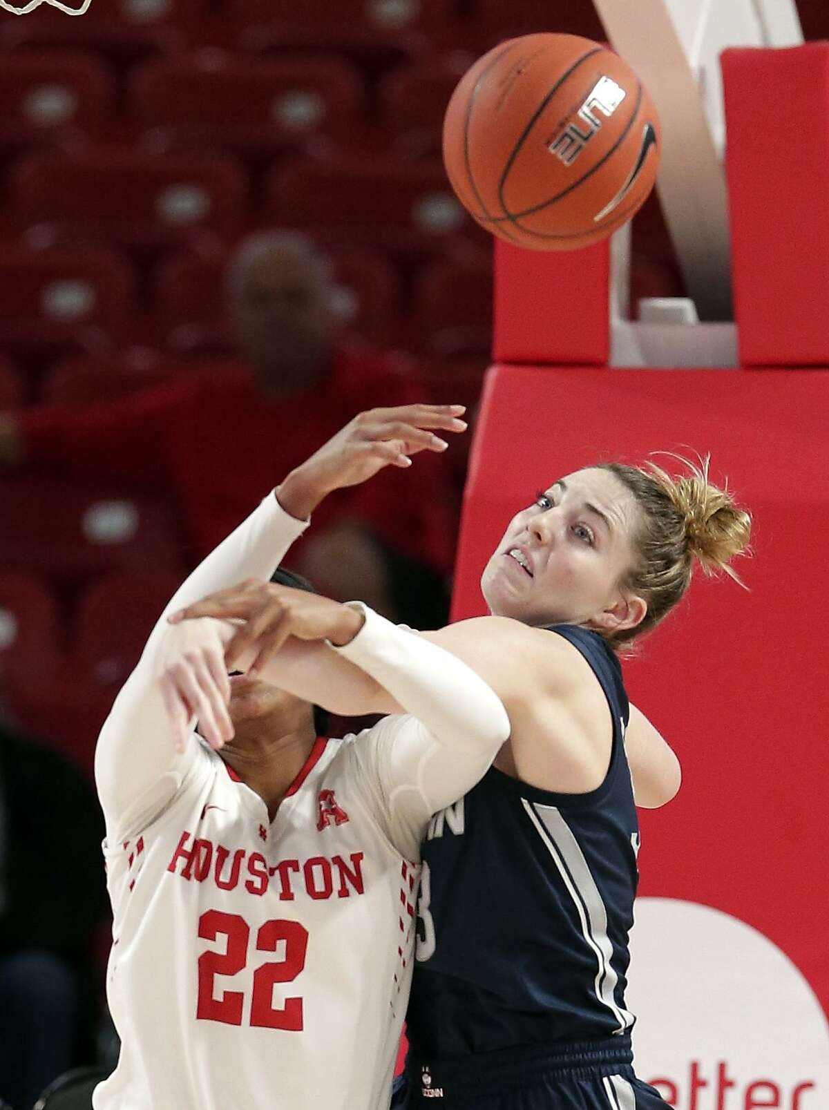 Houston forward Myyah West has her shot attempt knocked away by UConn’s Katie Lou Samuelson during the first half on Jan. 6.