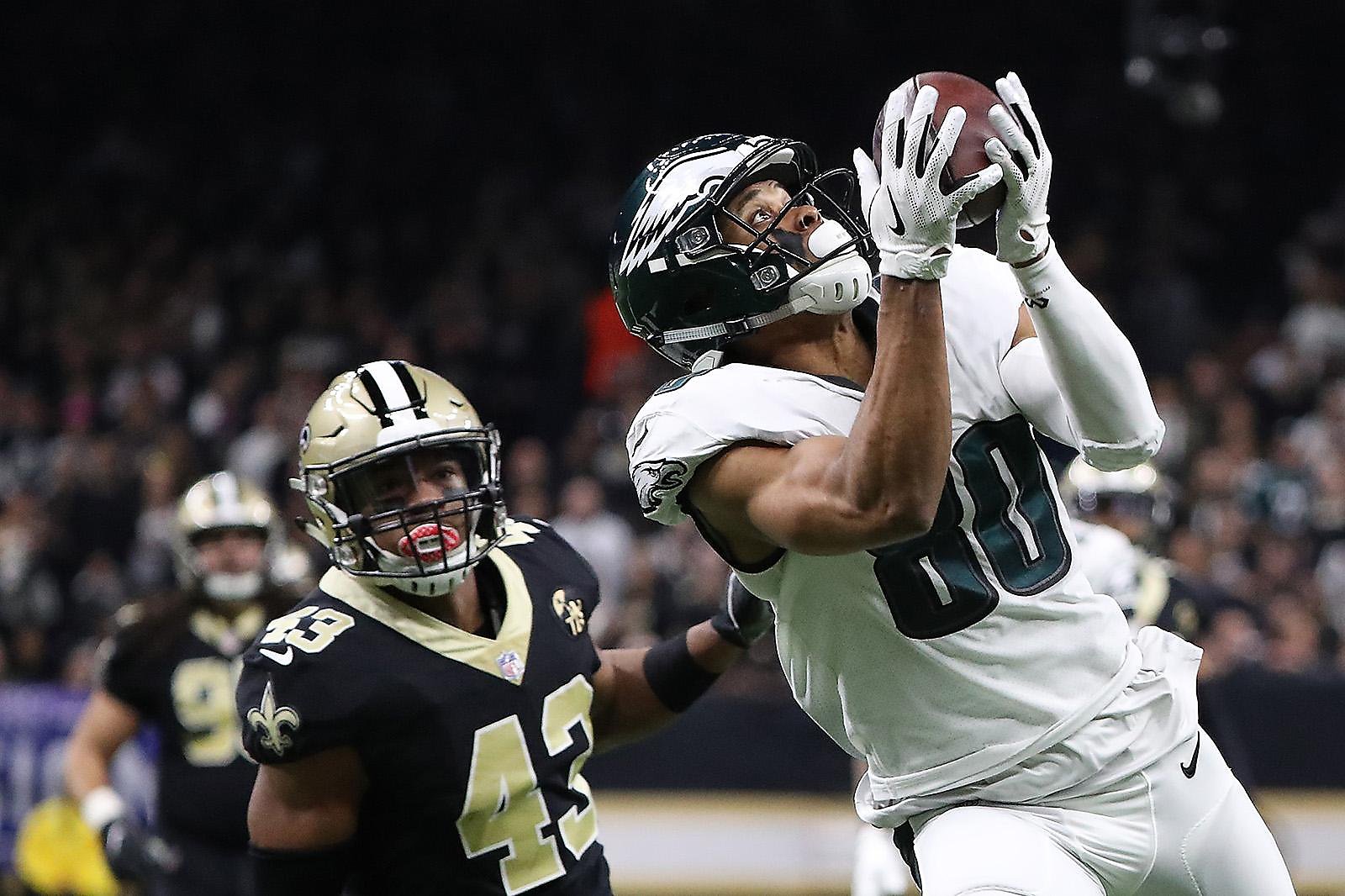 Santa Clara, California, USA. 24th Oct, 2021. San Francisco 49ers wide  receiver Jalen Hurd (14) and wide receiver Jordan Matthews (18) celebrate  field goal on Sunday, October 24, 2021, at Levis Stadium