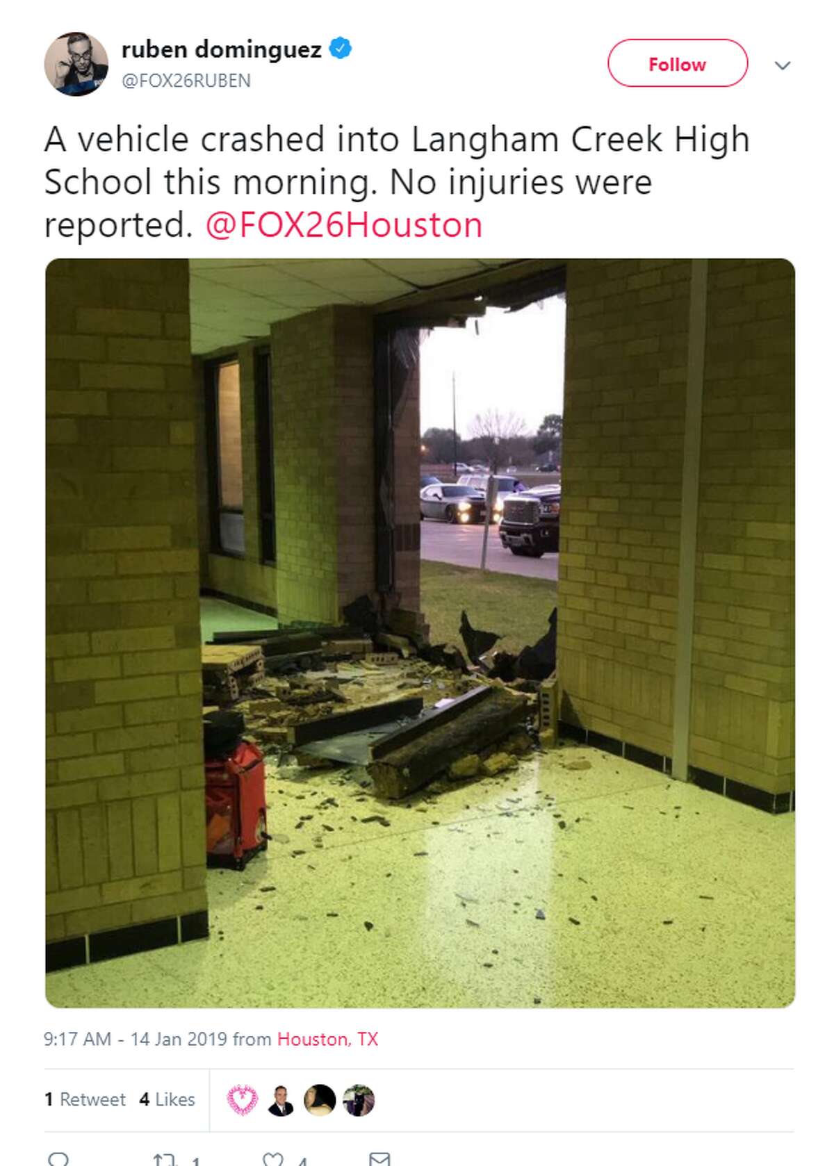 Car crashes into Langham Creek High School, but no reports of injuries