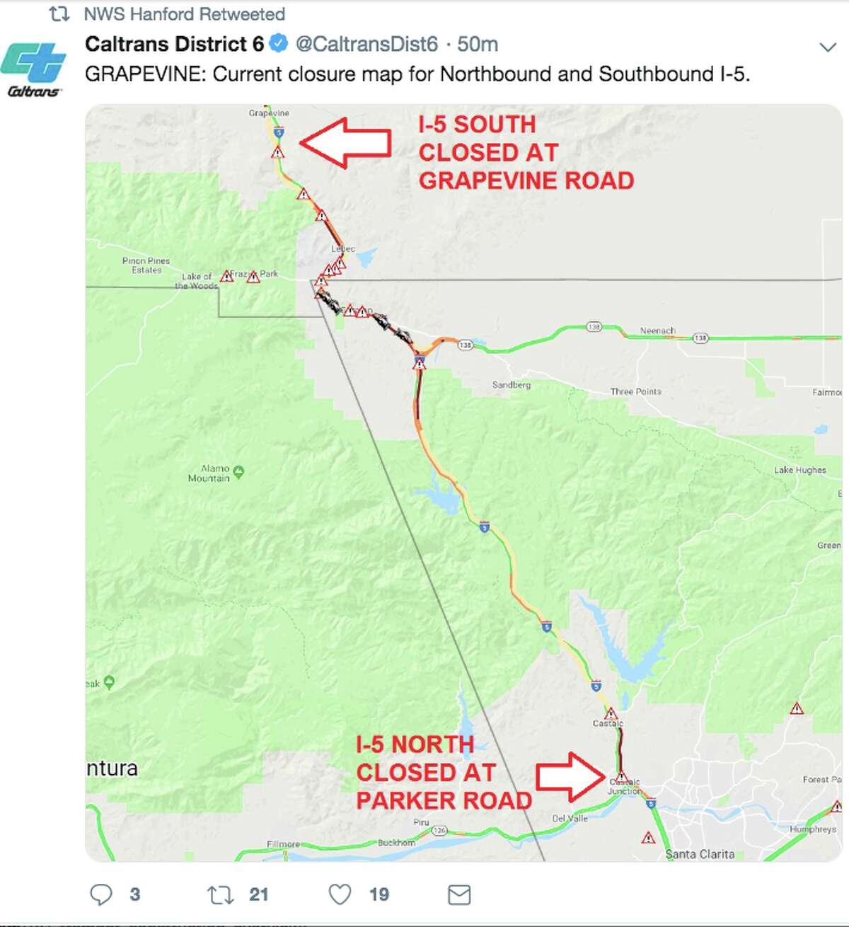 Snow closed I-5 over the Grapevine due to snow on Jan. 14, 2019.
