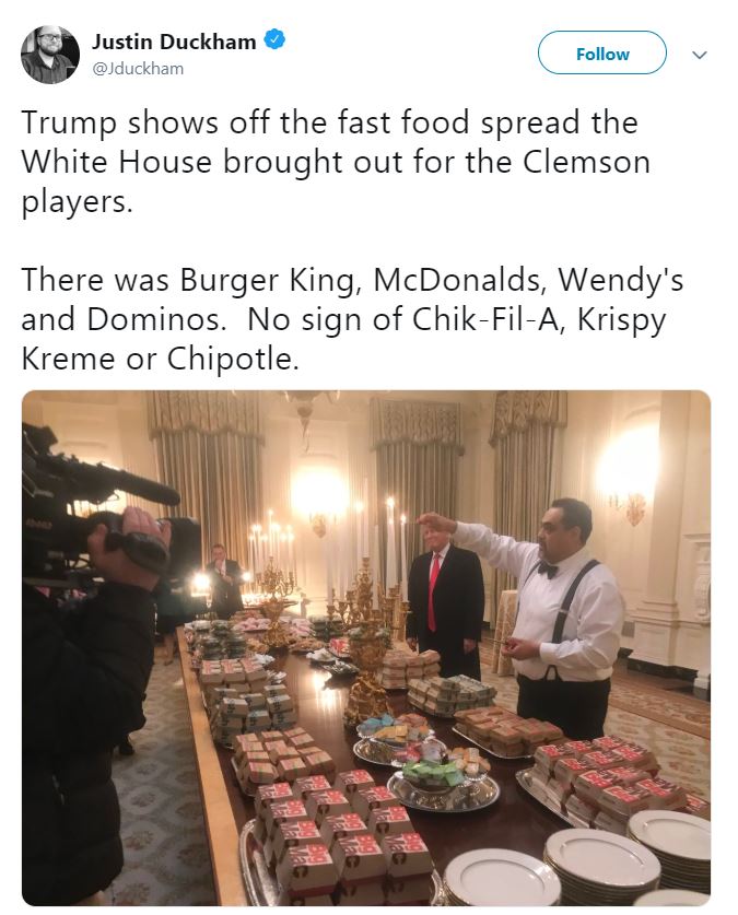 Donald Trump feeds Clemson football team fast food at White House visit 