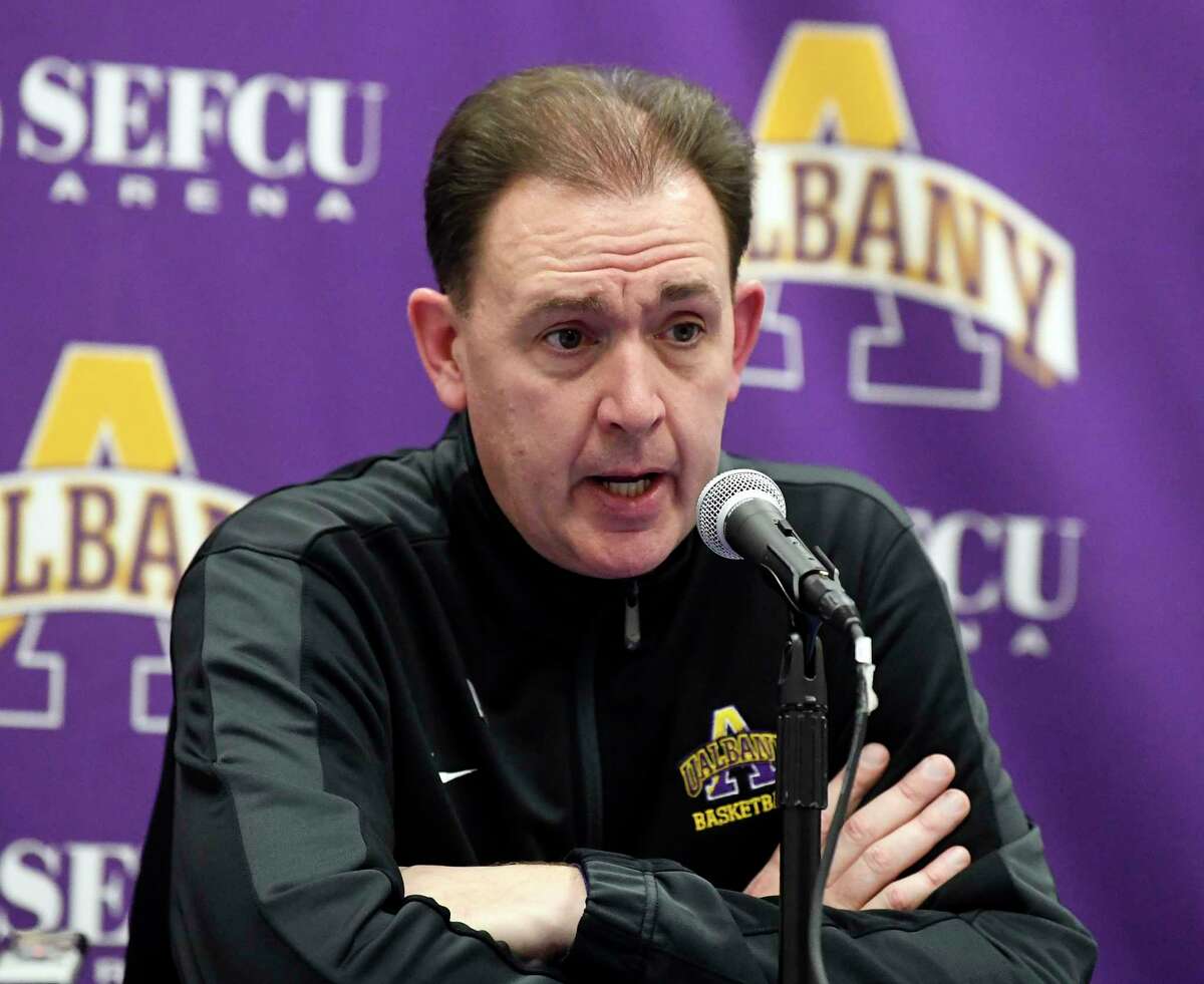 University at Albany head coach Will Brown talks with reporters after a 80-51 loss to Vermont after an NCAA college basketball game Saturday, Jan. 5, 2019, in Albany, N.Y. Vermont won the game (Hans Pennink / Special to the Times Union)