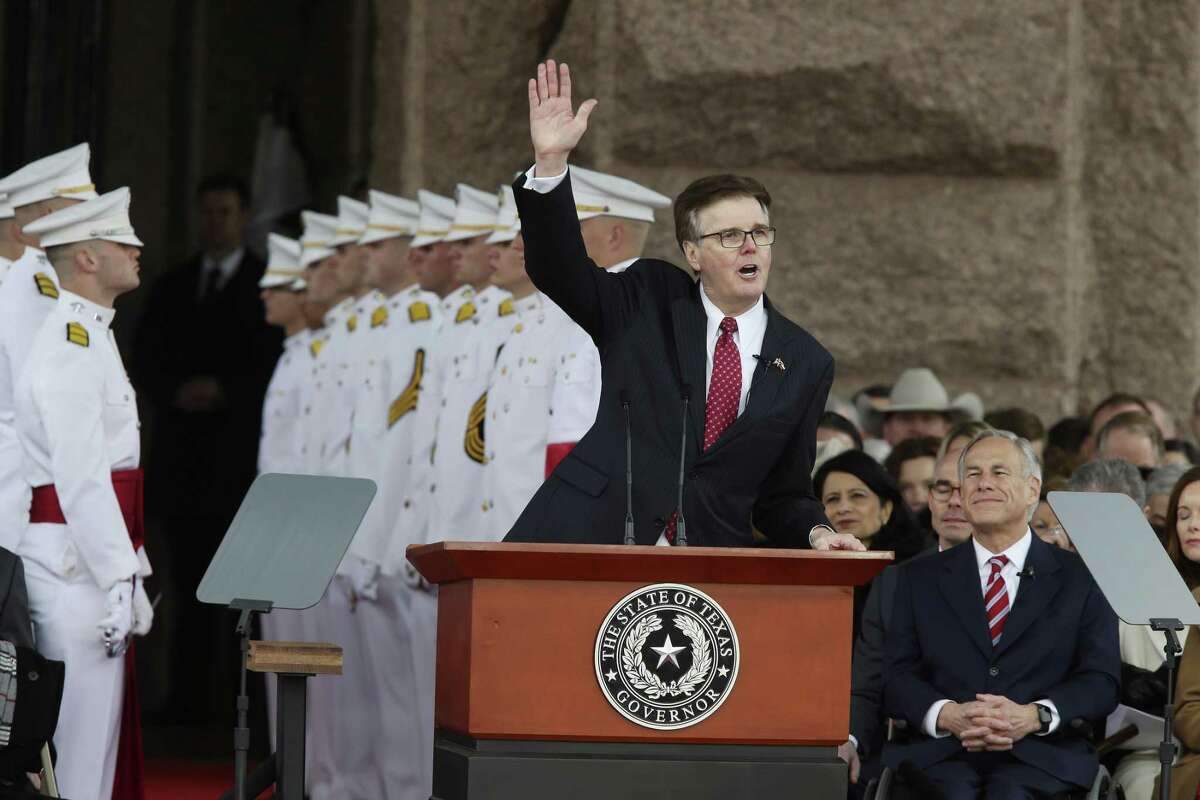 Texas Lt. Gov. Dan Patrick delivers his inaugural speech after taking the oath of office during a ceremony at the State Capitol, Tuesday, Jan. 15, 2019. Gov. Greg Abbott is on the right and took the oath minutes later.