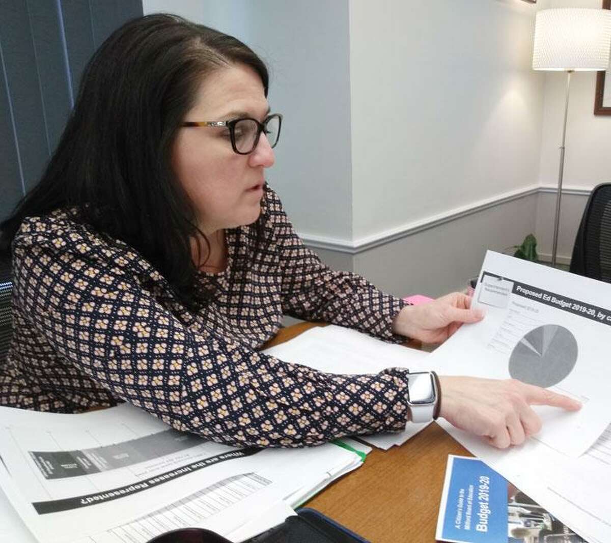 School Supt. Dr. Anna Cutaia discusses her 2019-2020 budget proposal with local reporters Monday afternoon.